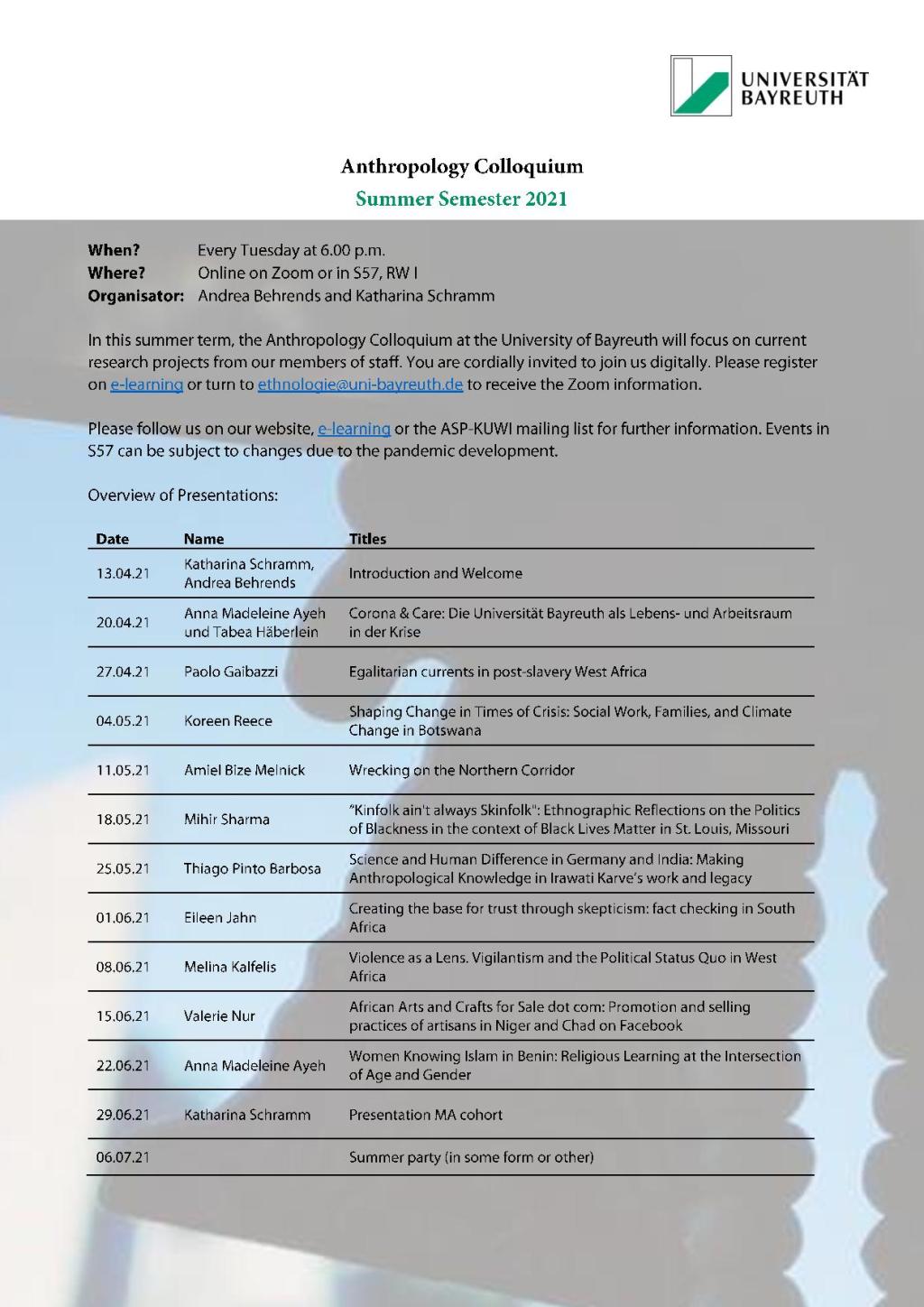 Research Colloquium, University of&nbsp;Bayreuth